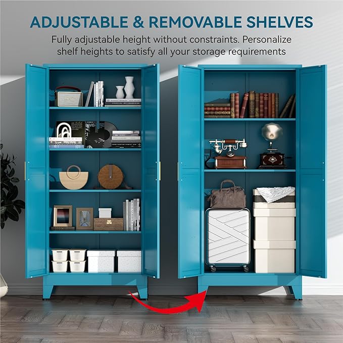 YNIQUESTLE Farmhouse Pantry Cabinet with Barn Doors, 71" H x 31.5" W, 5-Tier Metal Storage Cabinet with 4 Adjustable Shelves for Kitchen Garage Dining Room,Blue
