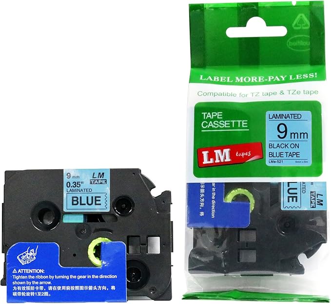 1/Pack LM Tapes - LMe521 Premium 3/8" Black Print on Blue Label Compatible with P-Touch TZe-521 Tape and Includes Tape Color/Size Guide. Replaces TZ-521 9mm 0.35 Laminated.
