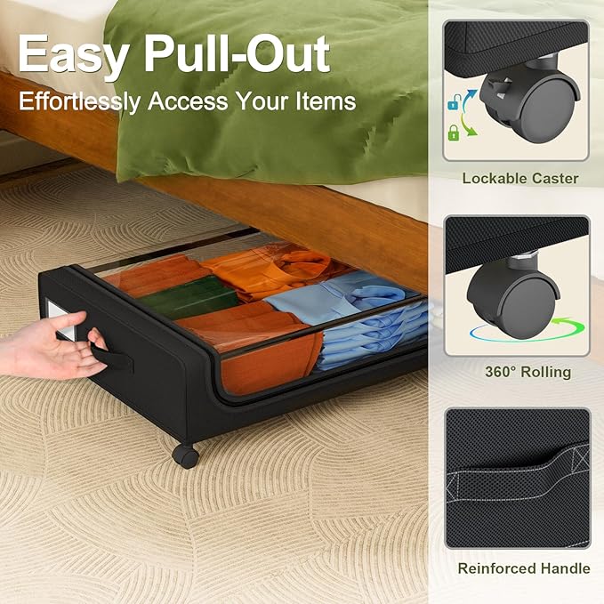 GoMaihe Under Bed Storage with Wheels: XXL Underbed Storage Containers with Clear Lids - Rolling Drawers & Bins for Shoes Clothes in Dorm Bedroom - Space-Saving Easy Pull-out Black 2-Pack