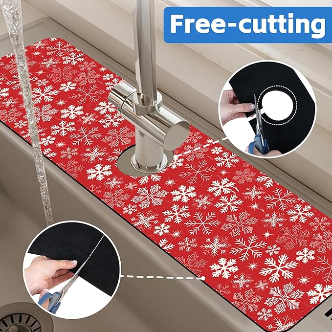 Christmas Snowflake Kitchen Sink Splash Guard Mat Absorbent Fast Drying Mat Faucet Draining Mat Sink Splash Guard Behind Faucet Drip Catcher for Kitchen Bathroom 5.5"×24"