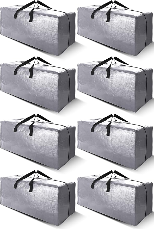 Cosy Family 8 Pack Heavy Duty Extra Large Moving Bags with Backpack Straps - Strong Handles & Zippers, Storage Totes For Space Saving, Fold Flat, Alternative to Moving Box (Set of 8, Silver)