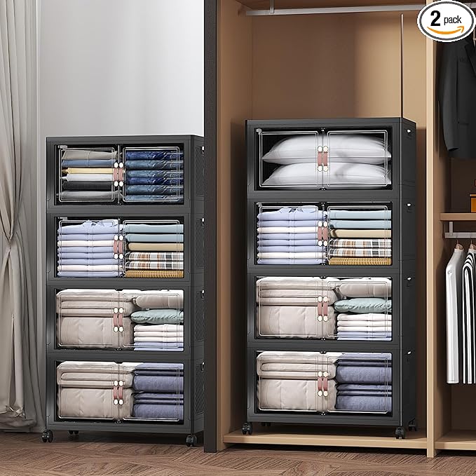 Extra Large Stackable Storage Bins with Lids & Wheels, 440QT-55QT/30GAL*8Pack Foldable Collapsible Closet Organizers Dark Storage Cabinet with Doors for Bedroom Dorm