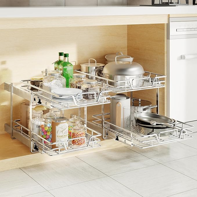 QUYUWU 2-Tier Kitchen Cabinet Pull Out Shelf and Drawer Organizer Slide Out Pantry Storaqe Basket in Multiple Sizes (21" W x 21" D,)