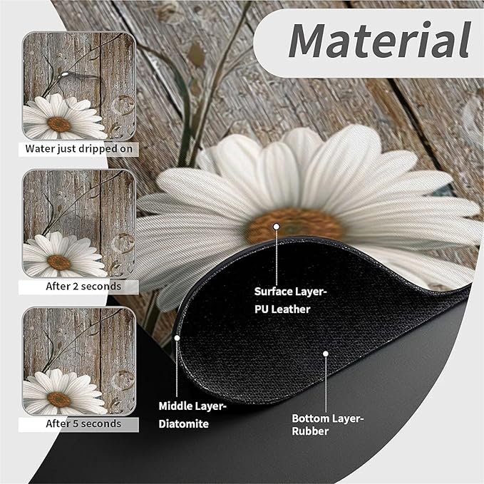 Kitchen Sink Splash Guard，Wooden,white daisies,butterflies Faucet Mat Sink Gadgets-Super Absorbent Fast Drying Mat Drip Catcher for Kitchen, Bathroom,Sink Mat, Dish Drying Mat, Bathroom(15" X 5.5" )