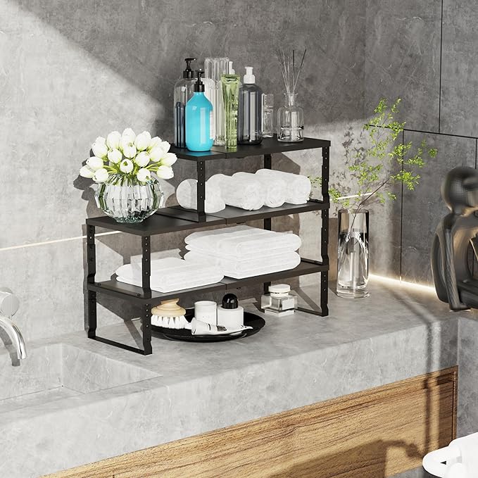 Jojocross Expandable Stackable Spice Rack Organizer for Kitchen Cabinet,Adjustable Counter Shelf, countertop, Pantry,Cupboard,Bathroom,Bedroom(1Pack/Black/Medium)