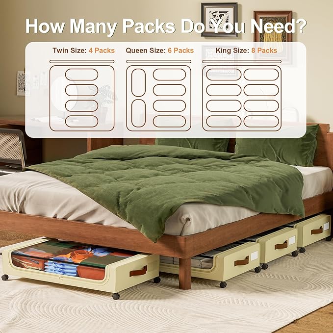 GoMaihe Under Bed Storage with Wheels: XXL Underbed Storage Containers with Lids - Rolling Bins for Shoes Clothes in Dorm Bedroom - Metal Drawers Easy Pull-out Beige 4-Pack