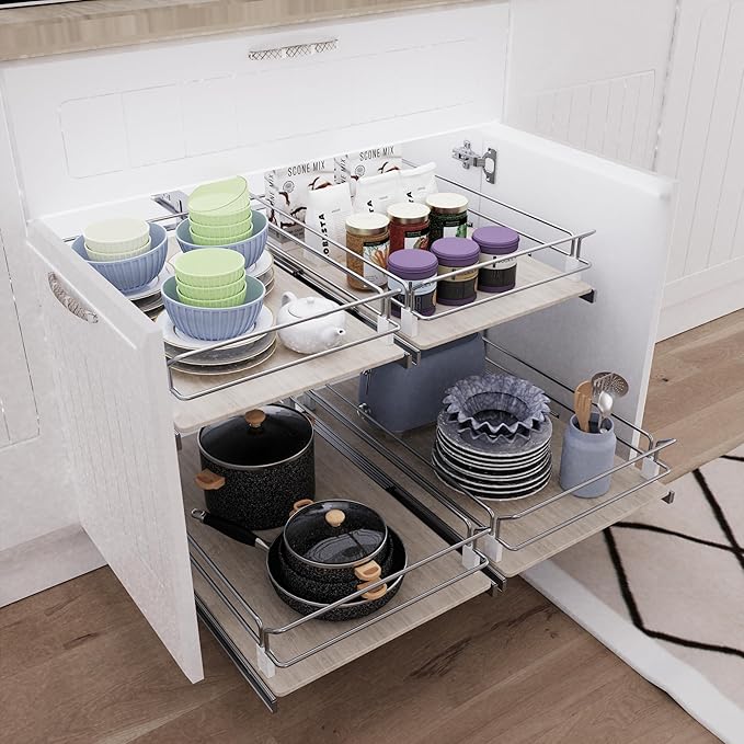 Pull Out Cabinet Organizer 11" W X 22" D, Slide Out Drawers For Kitchen Organizers and Storage, Pull Out Drawers For Cabinets Capacity Heavy Duty Caddy, Cabinet Shelves Wood Chrome, Pantry Storage