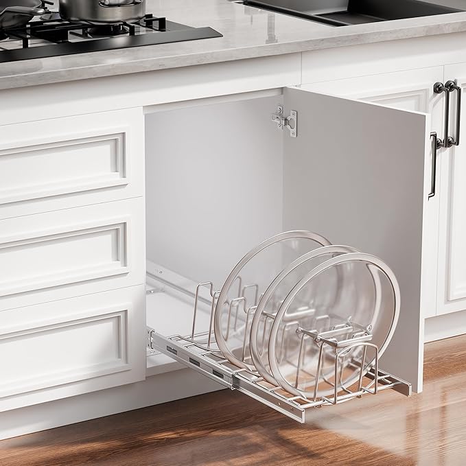 Slide Out Pot Lid Organizer Under Cabinet, Wire Dividers Kitchen Pull Out Pot Lid Storage Rack Holder, Full-Extension Rail 21" W*22" D
