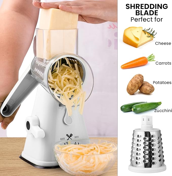 Zulay Kitchen Cheese Grater Hand Crank, Grater For Kitchen With Reinforced Suction - Rotary Cheese Grater With 3 Replaceable Stainless Steel Blades - Easy to Use & Clean - Vegetable Cutter - White