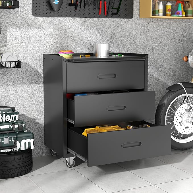 BIZOEIRON Metal Storage Cabinet with Wheels, Garage Storage Cabinet with 3 Drawers, Rolling Tool Cabinet, Assembly Required, Black