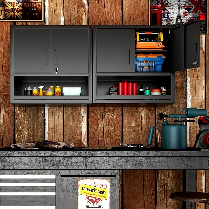 BIZOEIRON Garage Wall Cabinet with Doors and Shelves, Wall Mounted Metal Storage Cabinet with Open Storage, Lockable Hanging Tool Cabinet for Garage Utility Room, Black