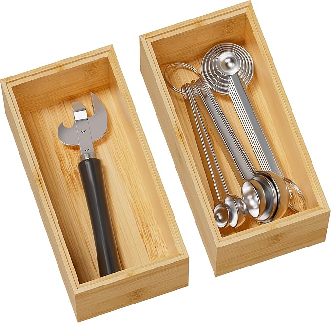 Greatseas Kitchen Drawer Organizer Bins, Stackable Bamboo Deep Drawer Organizer for Silverware, Utensils, Cutlery, Flatware, Junk Drawer, Dresser, Bathroom, 6" x 3" x 2.5" (Set of 2)