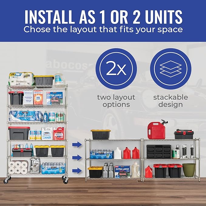 SafeRacks - NSF Certified Storage Shelves, Zinc, Heavy Duty Steel Wire Unit with Adjustable Feet, Garage or Bakers Rack, Kitchen, Pantry Shelf - (18"x18"x72" 5-Tier) (Silver)