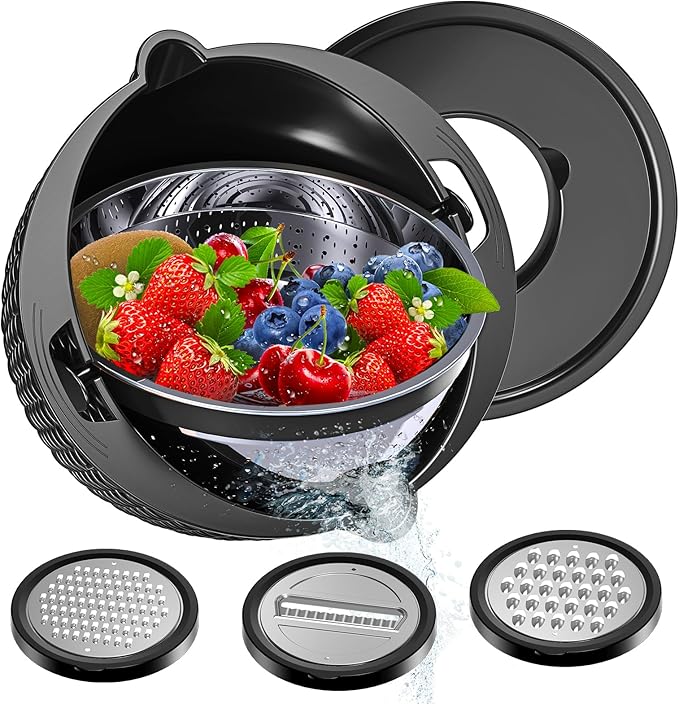 Colanders, 4-1 Colander with Mixing Bowls Set, Strainers for Kitchen, Food Strainers with Grater, Kitchen Gadgets Strainer Basket for Draining Pasta, Vegetable, Fruit & Veggie Washerl,Black