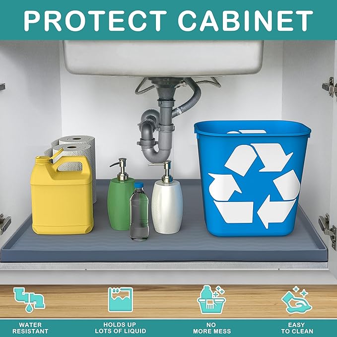 URMONA Waterproof Silicone Under Sink Mat 34'' x 22'' Shelf Liner for Kitchen and Bathroom, Cabinet and Counter Protector, Storage and Organizers, Litter Mat, Pet Cat Puppy Essentials(Brown)