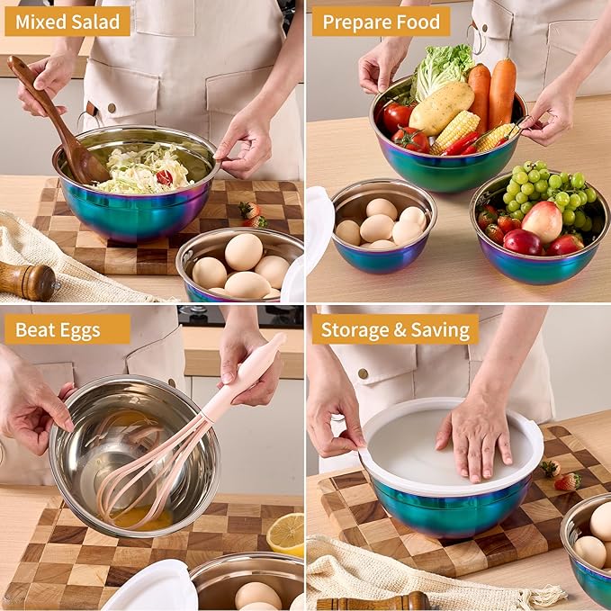 Onlycooker Rainbow Mixing Bowls With Airtight Lids,Stainless Steel Bowl,Salad Bowls 5 Piece Colorful Nesting Bowl Rainbow Kitchen Accessories,Size 5.5,3.6,2.7,2.1,1.5,QT Stackable Design