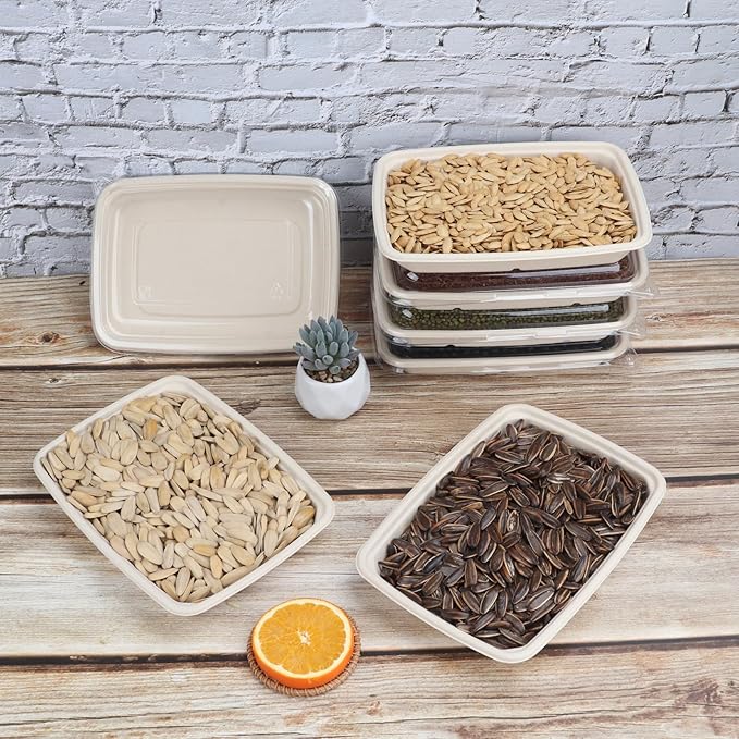 JAYEEY 20 oz Rectangle Disposable bowls with lids,Sugarcane Fibers Bowls take away food containers Plant Fibers Freezer Safe 50 Pack