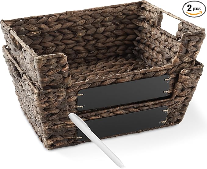 Casafield Set of 2 Water Hyacinth Pantry Baskets with Handles, Chalkboard Labels, and Marker - Espresso, Wide Woven Storage Bin Organizers for Kitchen Shelves