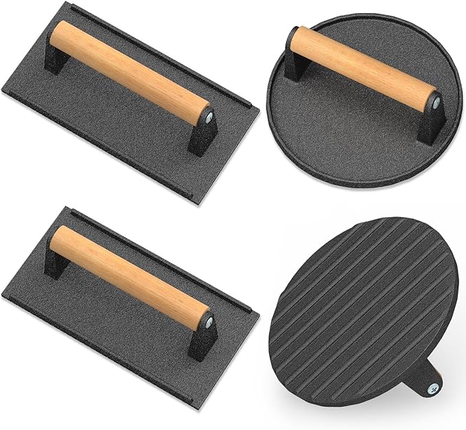 Wildone Smash Burger Press, Round Cast Iron Grill Press Burger Smasher for Griddle, Rectangular Bacon Press Meat Steak Press Sandwich Press with Wood Handle - 4Pcs