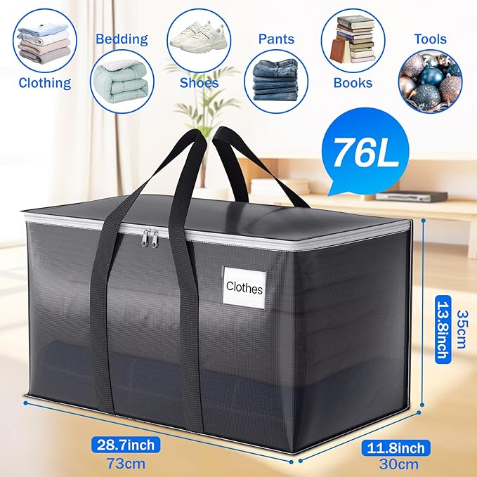 2 Pack Moving Bags Heavy Duty, Moving Boxes, Storage Bags with Zipper & Handles & Tag for College & Dorm Moving Supplies Grey Laundry Hamper Bag, Foldable Space-saving Totes (76L, Grey)