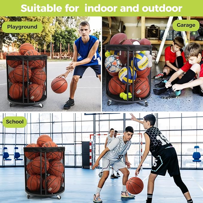 Ball Storage Bin, Sports Ball Storage Cart, Ball Holder with Wheels for Basketball, Soccer, Garage, School, Indoor, Outdoor Ball Basketball Storage Rack Upgraged