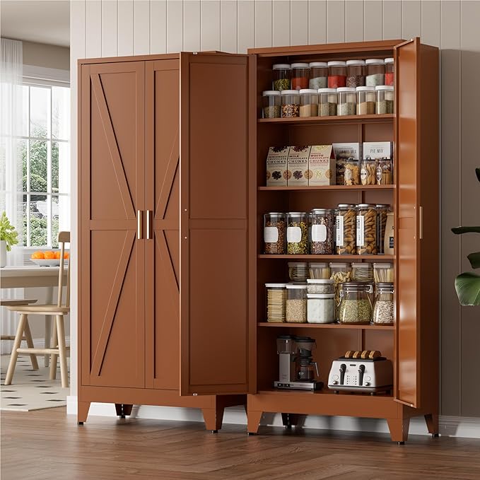 LCAOPC 71" Tall Metal Storage Cabinet with 2 Doors and 4 Adjustable Shelves, 5-Tier Kitchen Pantry Storage Cabinet for Kitchen, Living Room, Dining Room and Office, Brown