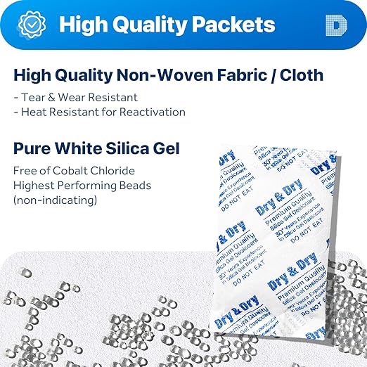 Dry & Dry 30 Gram [100 Packets] Silica Gel Packets Desiccants, Silica Packets - Rechargeable Silica Gel Packs, Desiccants Packets, Silica Gel