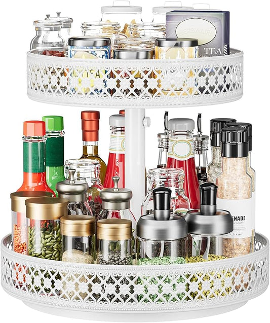 Lazy Susan Organizer 2 Tier - Turntable Spice Rack 12 inch Adjustable Metal Rotating Lazy Susan for Cabinet Pantry Kitchen Countertop Dining Table Cupboard Bathroom Vanity Storage White