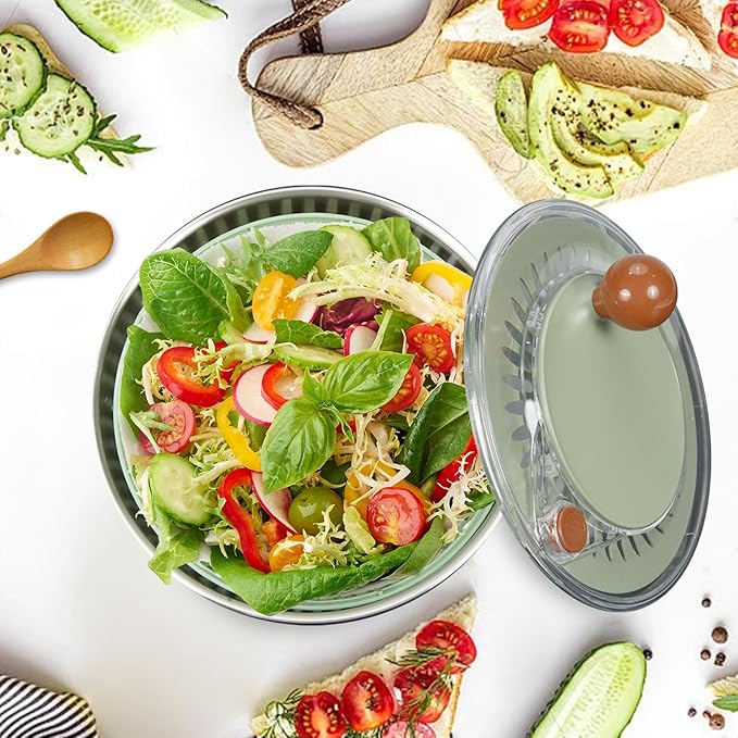SODPE Stainless Steel Salad Spinner Large with 5 Blades Slicer, Lettuce Washer Spinner and Dryer, Vegetable Fruits Chopper Bowl, Egg Yolk Strainer Comes with Dipping Saucers and Clip, 5.3Qt
