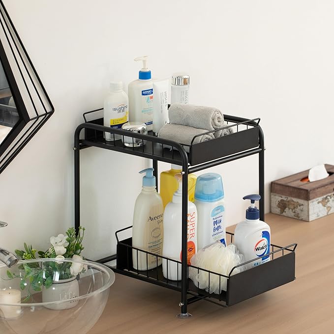 Basicwise Under Sink Organizer Sliding Wire Baskets Adjustable 2-Tier Metal Storage Rack for Bathroom Kitchen or Utility Cabinets Pull-Out Shelf for Toiletries Cleaning Supplies & Pantry Essentials