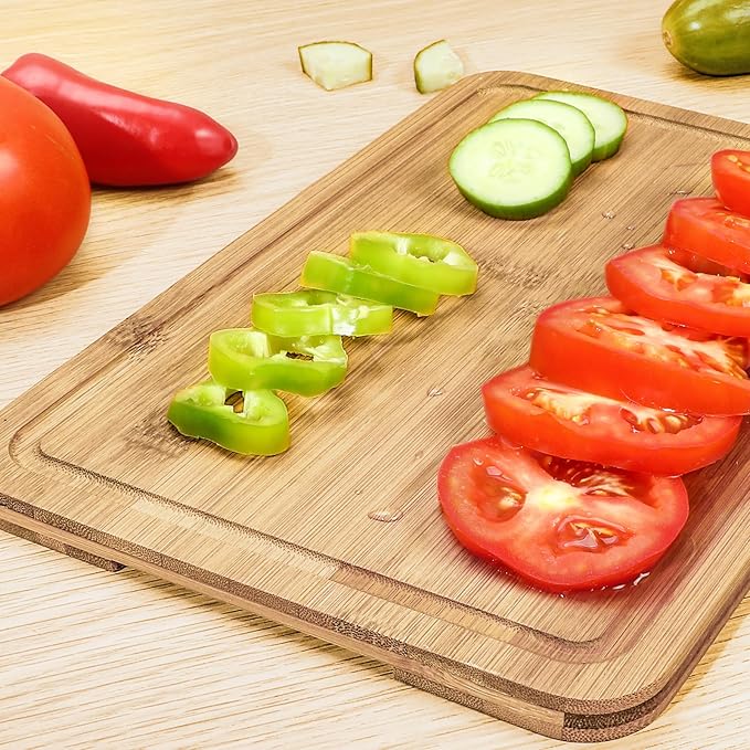 Bamboo Cutting Boards for Kitchen Set of 3, Wooden Cutting Board Non Toxic with Side Handle, HKKZYT Wood Chopping Board with Deep Juice Groove, Knife-Friendly, Kitchen Gift (Light Color)