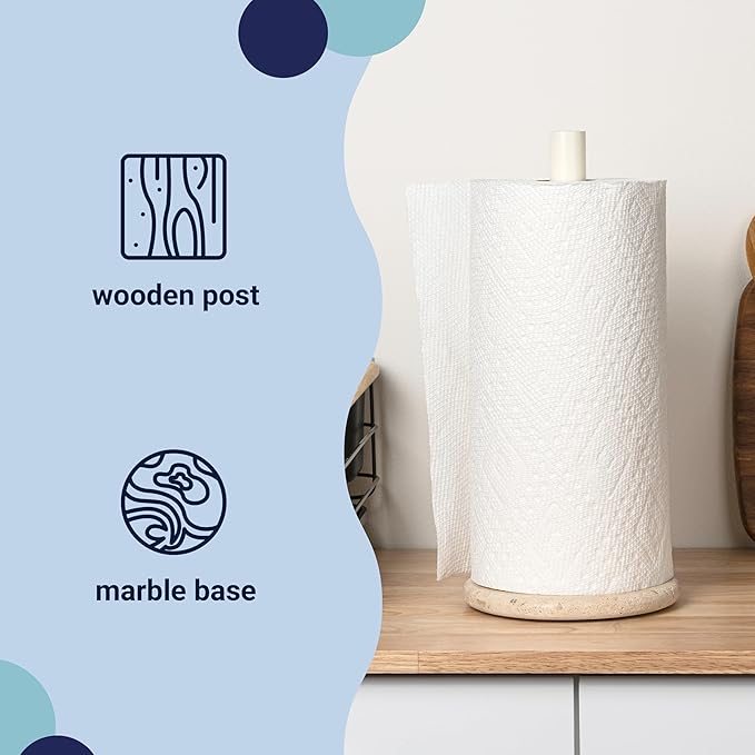 happimess PRH2000C Avery Modern Classic Metal with Non Slip Weighted Marble Base Paper Towel Holder, for Bathroom Kitchen Countertop, Standard or Jumbo-Sized Roll Paper, Beige/White