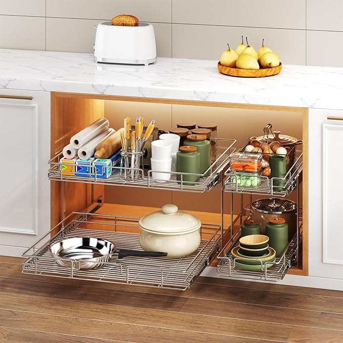 MODCART 2 Tier Individual Pull Out Cabinet Organizer 31½" W x 21½" D, Heavy Duty Cabinet Pull Out Shelves, Slide Out Drawers Organization for Kitchen Cabinets Bathroom
