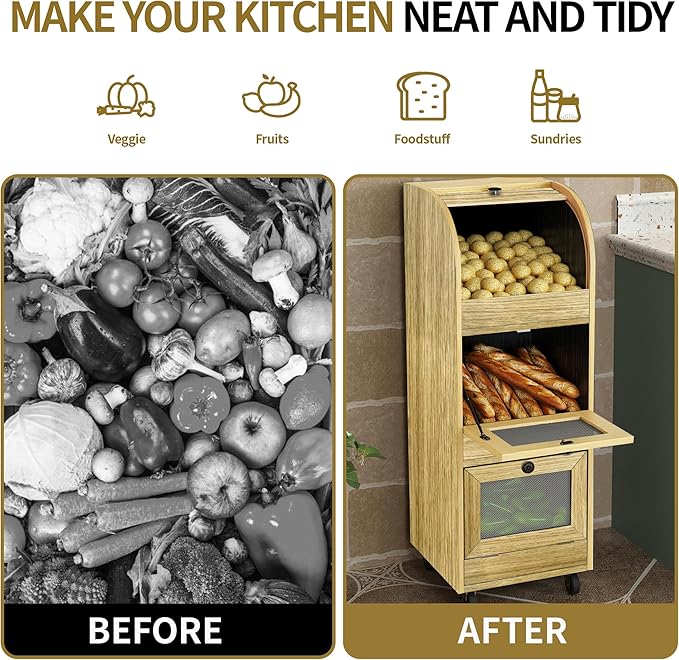 Potato Storage Bin Movable Bread Box with Lid Rustic and Wheels Onion Organizer with Grocery Section Decorative Vegetable Organization Cabinet for Kitchen (Natural)