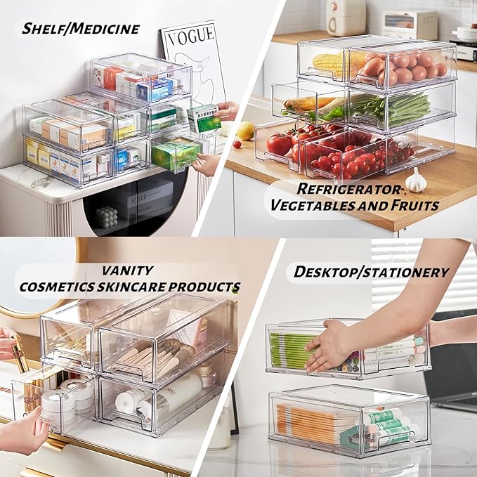 2 Pack Clear Stackable Refrigerator Organizers and Storage Drawers - Pull-Out Fridge Bins with Anti-Slip Base & Easy Clean, Plastic Organizers for Kitchen Pantry Cabinet Closet (Large)