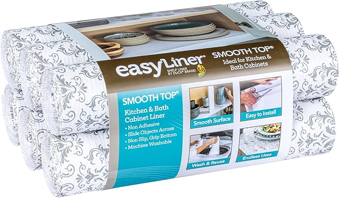 Smooth Top EasyLiner for Cabinets & Drawers - Easy to Install & Cut to Fit - Shelf Paper & Drawer Liner Non Adhesive - Non Slip Shelf Liner - 12in. x 10ft. - 6 Roll Project Pack - Gray Damask