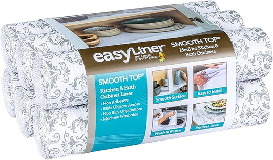 Smooth Top EasyLiner for Cabinets & Drawers - Easy to Install & Cut to Fit - Shelf Paper & Drawer Liner Non Adhesive - Non Slip Shelf Liner - 12in. x 10ft. - 6 Roll Project Pack - Gray Damask