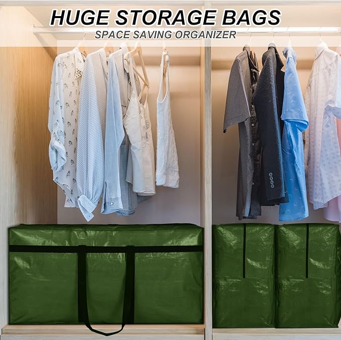Windyun 4 Pack 57 Gallon Extra Large Moving Bags XXL Heavy Duty Storage Bag with Strong Zipper Handle Jumbo Big Tote Box Foldable for College Dorm Travel Clothes Duffle Blanket Pillow(Army Green)