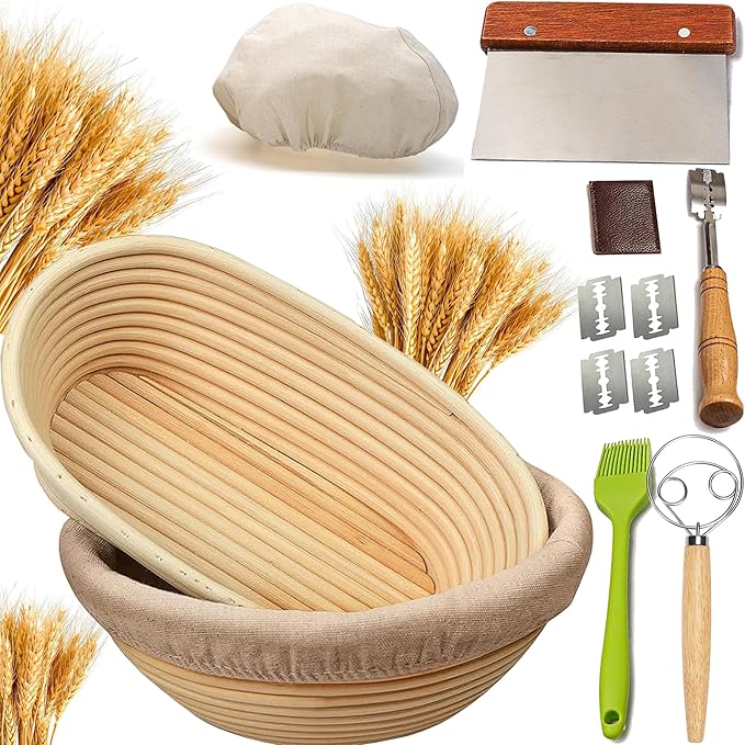 Banneton Bread Proofing Basket - 9"Round & 10"Oval Basket with Liner, Dough Scraper&Whisk, Silicone Brush, Lame - Perfect for Sourdough Bread Baking, Artisan Sourdough Bread (9"Round+10"Oval & Tools)
