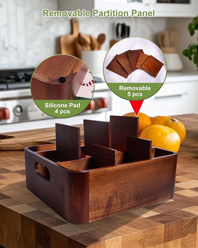 Bonfixe Acacia Wood Utensil Holder, Silverware Organizer Caddy with 4 Anti-Slip Pads, 5 Removable Dividers Utensil Organizer for Kitchen Counter, Party, and Picnic