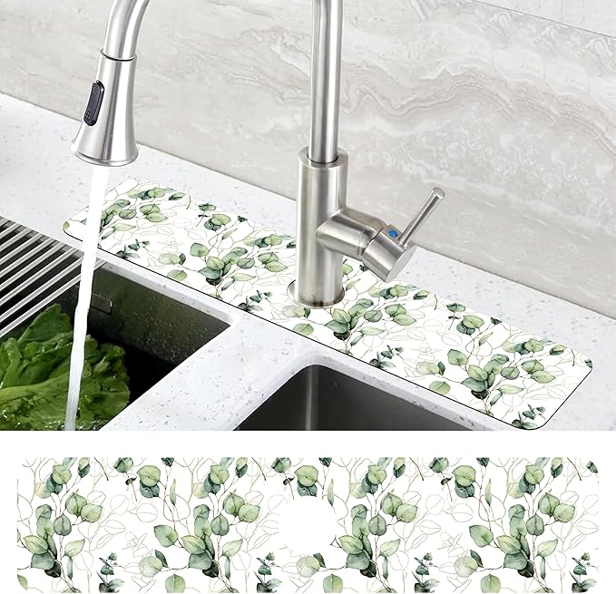 Watercolor Gold Eucalyptus Branch Dish Drying Mat for Kitchen Sink Splash Guard Behind Faucet Sink Mat Absorbent Fast Drying Faucet Draining Mat for Bathroom Kitchen 5.5"×24"