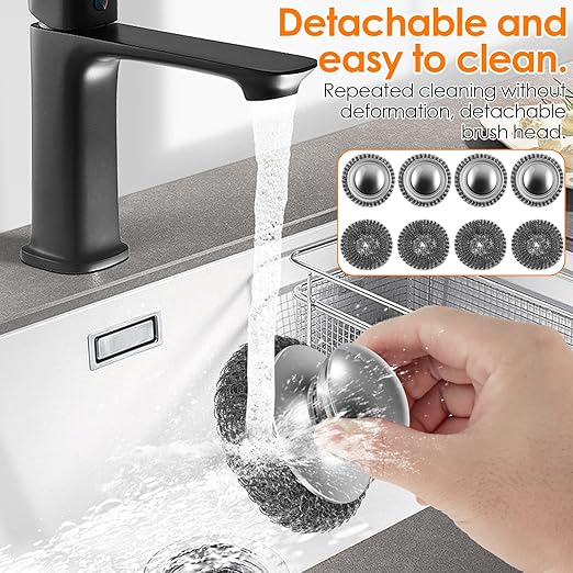 16 Pack Steel Wool Scrubber with 8 PCS Replacement Wire Pads Set, Replaceable Steel Pot Scrubber, Non Scratch Dish Sturdy, for Cleaning Pots, Pans, Grills, Sink