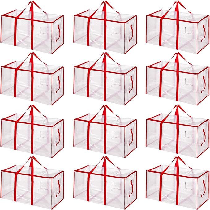 Aliceset 12-Pack Clear Moving Bags 90.84L Heavy Duty Extra Large Storage Totes with Reinforced Handles & Zippers, for Moving, College Dorm, Traveling(Red)