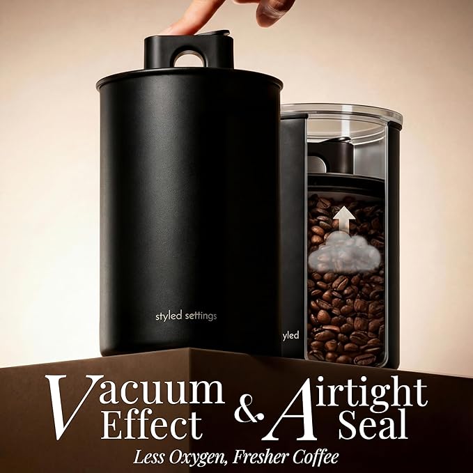 Coffee Storage Container - Airtight Vacuum Coffee Canister with Scoop and Label - Matte Black Canister Holds 1.2 lbs Beans or 1.5lbs Grounds, Dual-Lid Freshness System - Perfect for Gifting