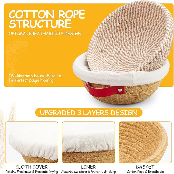 Dimpola Banneton Bread Proofing Basket - Cotton Banneton Basket Set of 2 Sourdough Proofing Basket Round Proofing Bowls Handmade Rattan Baskets and Liners