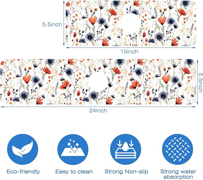 Watercolor Red and Blue Flowers Sink Faucet Absorbing Mat Sink Splash Guard Faucet Mat Draining Mat Fast Drying Sink Protectors for Kitchen and Bathroom 5.5"×15"