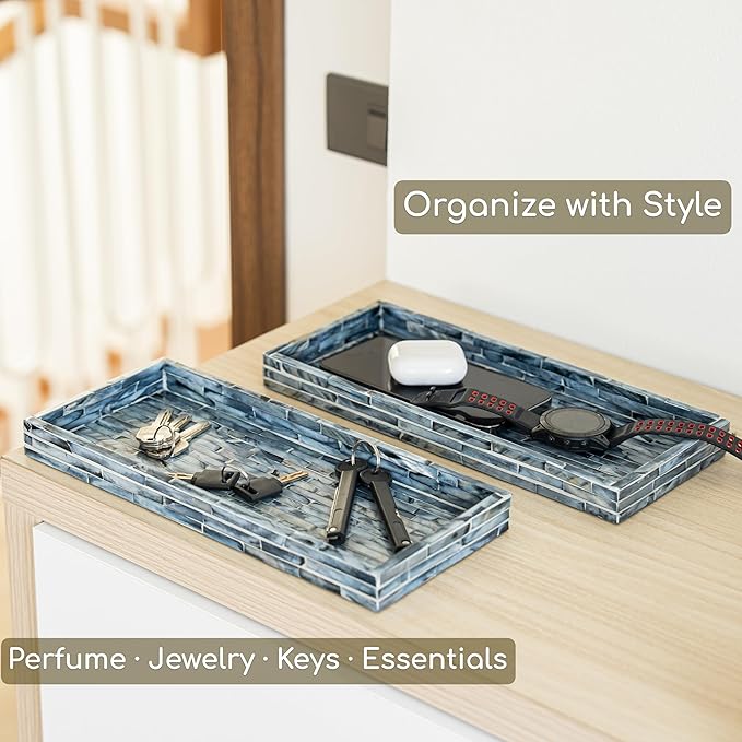 PEMAR Blue Mother of Pearl Tray Set of 2 – Handcrafted Decorative Vanity & Countertop Organizer for Bathroom, Entryway, Coffee Table – Elegant Home Decor Accent, 11.8" Lx5.1 Wx1 H