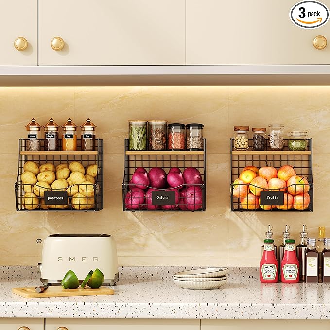 3 Pack Fruit Basket for Kitchen with Wood Lid - Counter&Wall Mounted Onion and Potato Storage with Nameplate, Stackable Storage Basket, Hanging Metal Wire Baskets Kitchen Countertop Organizer Pantry