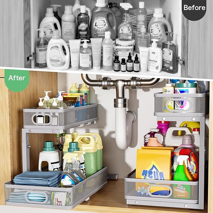 Under Sink Organizer, High Adjustable 2 Tier Under Sink Organizers and Storage, Slide Out Metal Cabinet Organizers, Pull Out Sink Storage Drawer Shelf for Kitchen Bathroom Cabinet, Grey, 2 Pack