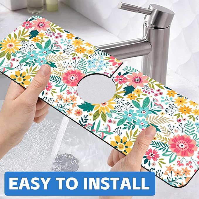 Colorful Floral Leaves Berries Kitchen Sink Splash Guard Mat Absorbent Fast Drying Mat Faucet Draining Mat Sink Splash Guard Behind Faucet Drip Catcher for Kitchen Bathroom 5.5"×15"
